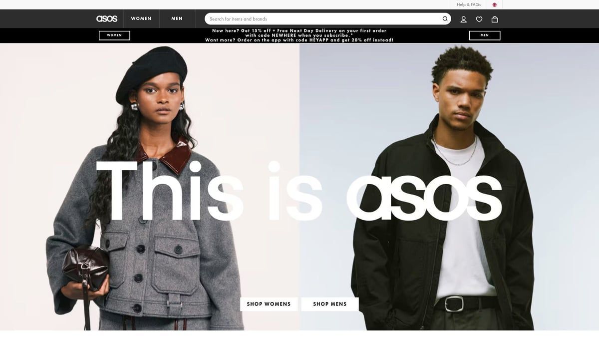 ASOS homepage: woman in gray jacket, man in black jacket; text 