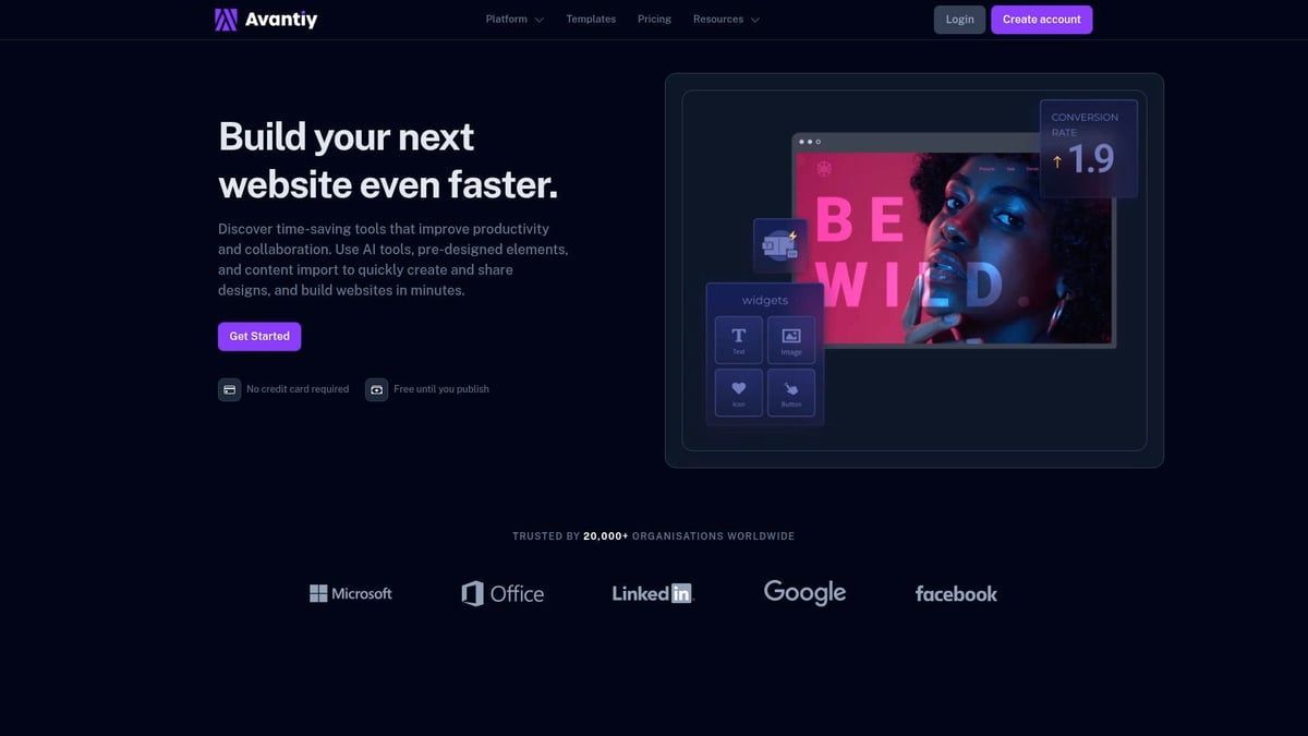 Website landing page promoting website building tools. Dark blue background.