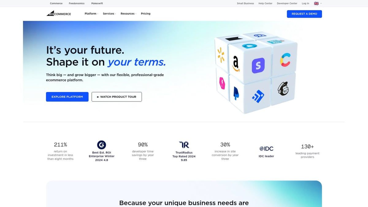 Website homepage featuring a 3D cube with logos, text