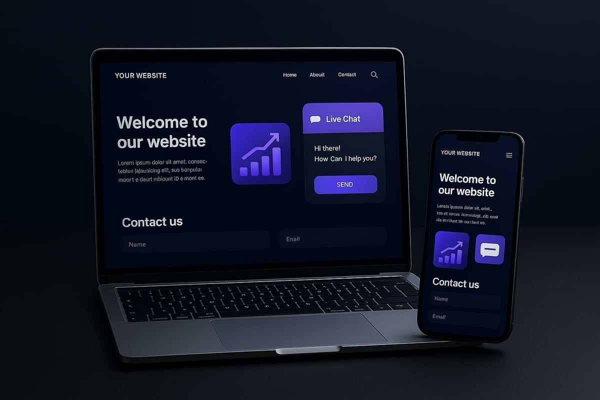 Laptop and smartphone displaying a dark website with purple accents, featuring financial growth charts and 