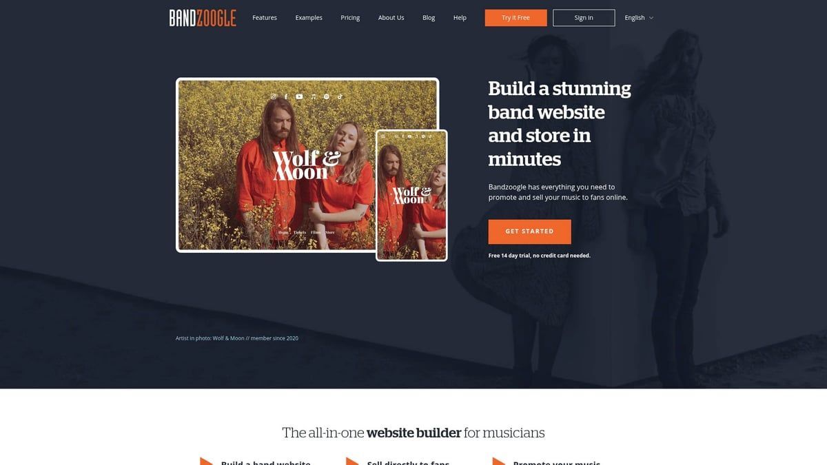 Website promoting band website creation, with people in a field and on a phone, orange text on dark background.