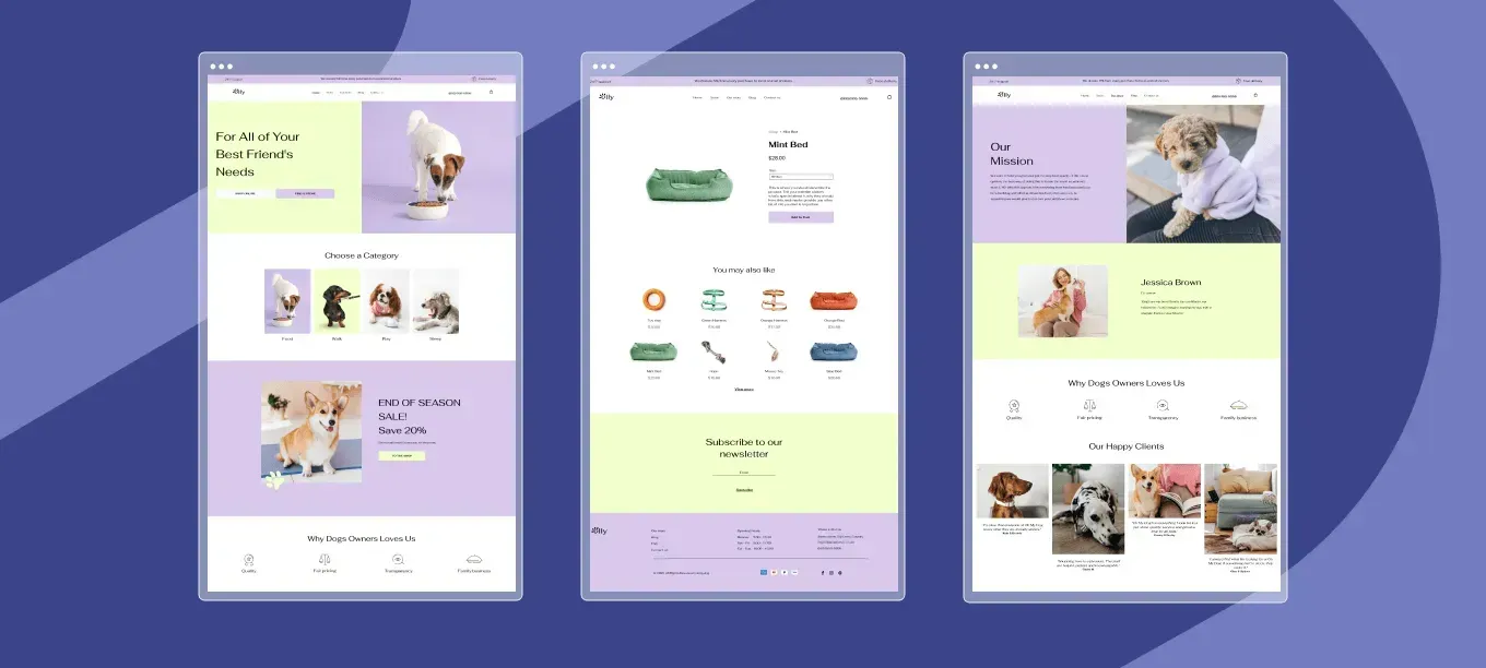Three screenshots of a website on a purple background.