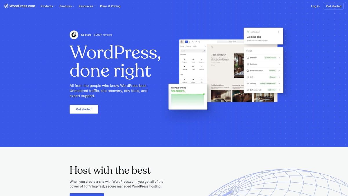 Bluehost website, WordPress marketing graphic with text overlay and interface mockups.