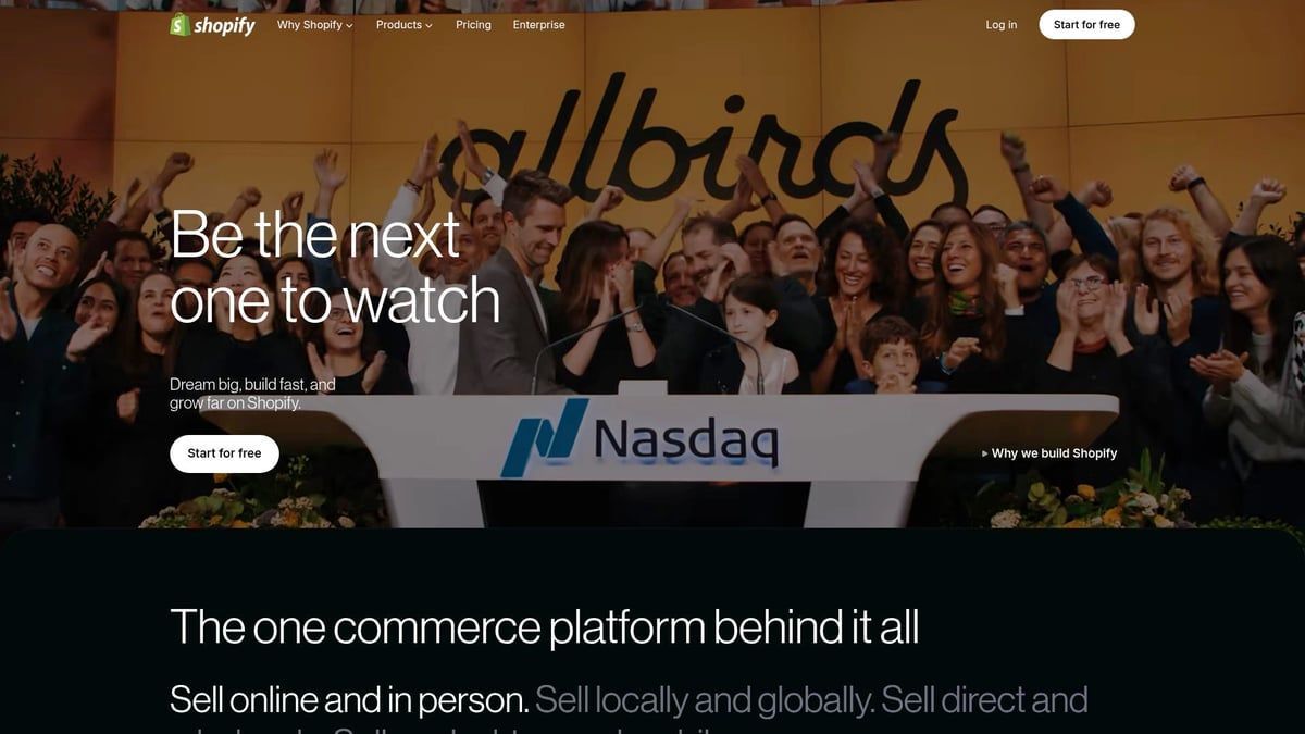 Shopify website, Nasdaq building with crowd, 